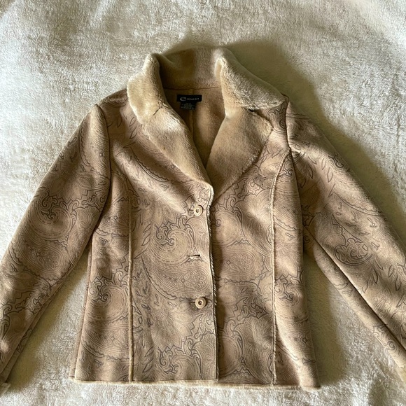 eStudio Faux Fur Beige Suede Jacket with Floral Print Size Medium - Picture 2 of 13